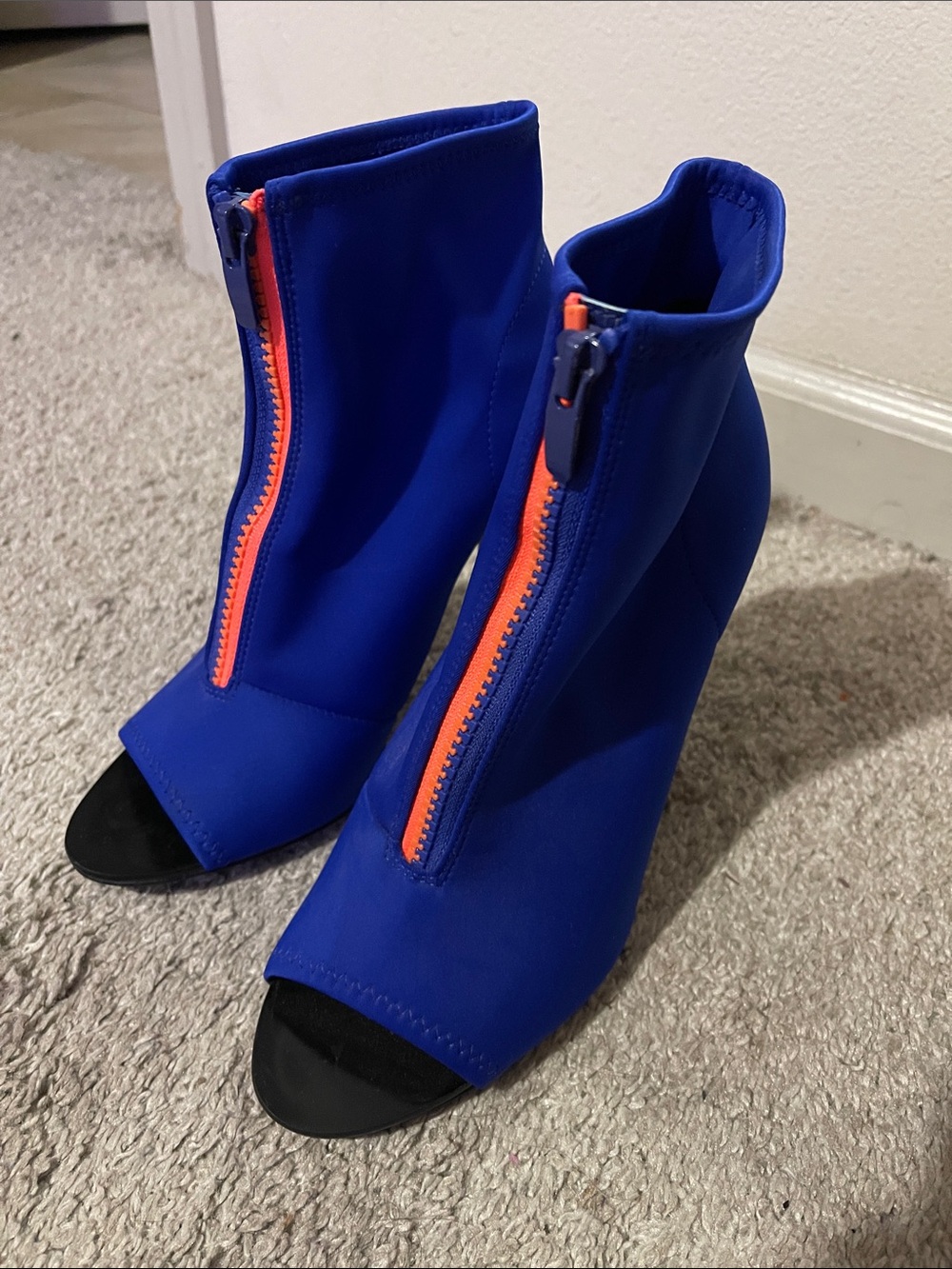 Aldo Royal Blue Stretchy Peep-Toe Ankle Heels with Neon Pink Front Zipper